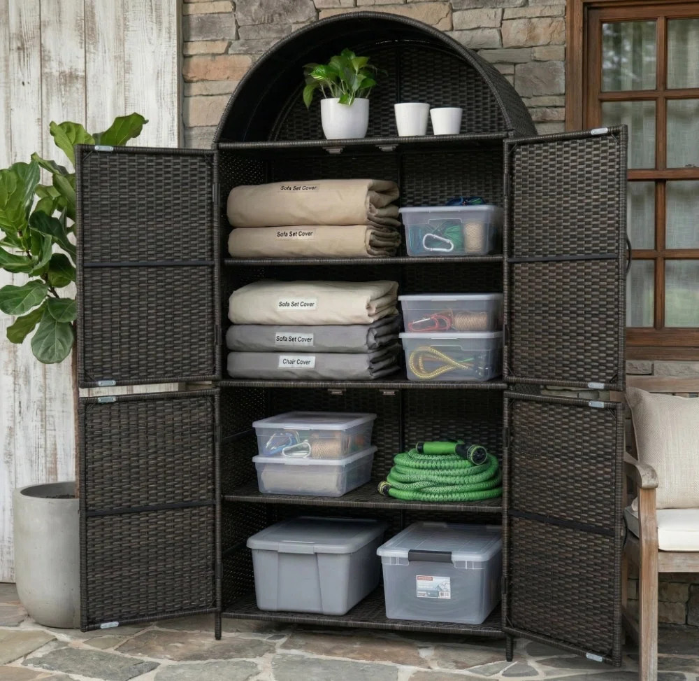 Tall Arched Wicker Outdoor Storage Cabinet with 4 Doors, Rattan Vertical Outdoor Storage Shed wit... | Wayfair North America