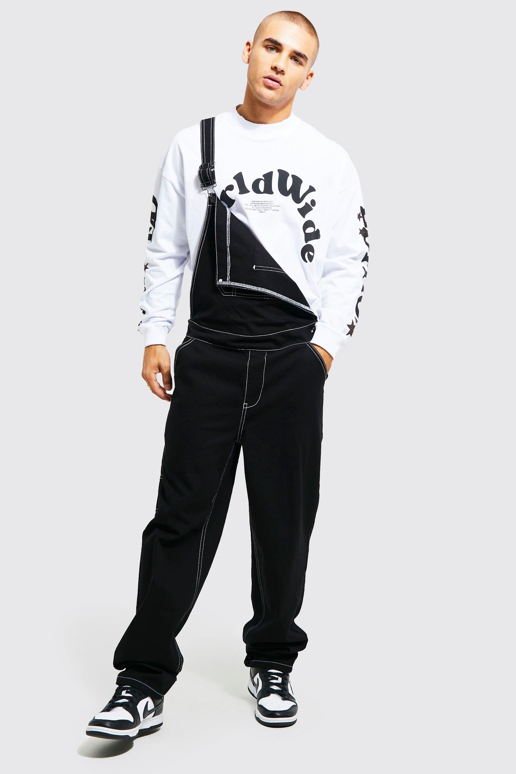 Relaxed Fit Contrast Stitch Long Dungaree | boohooMAN (US & CA)