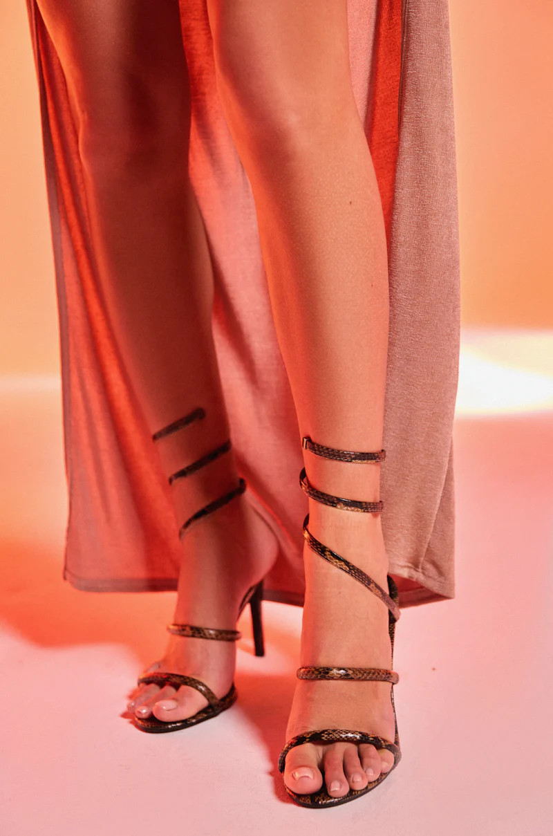 AKIRA LOWRI BROWN SNAKE SPIRAL STILETTO SANDAL | AKIRA