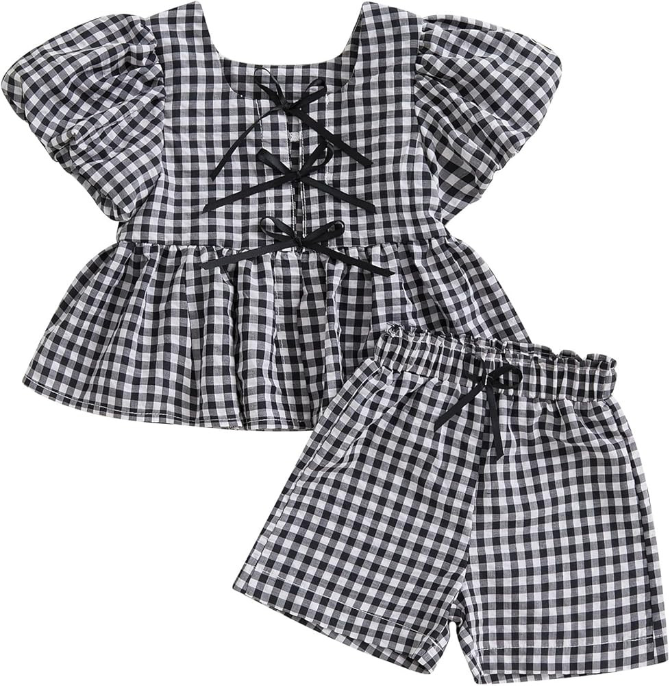 Thorn Tree Toddler Girl Clothes Set Ruffle Sleeve Hem Top Cardigan Elastic Waist Shorts Plaid Pri... | Amazon (US)