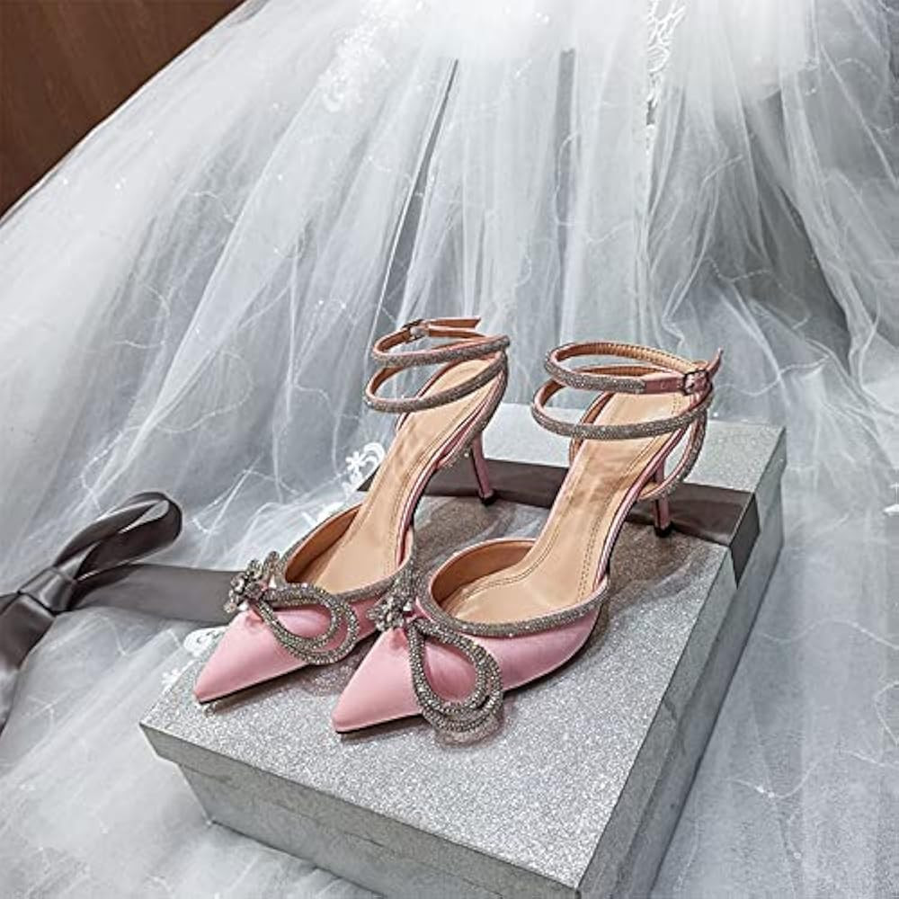 Women's Pointy Toe Satin High Heels Ankle Strap Rhinestone Stilettos Bowknots Wedding Sandals | Amazon (US)
