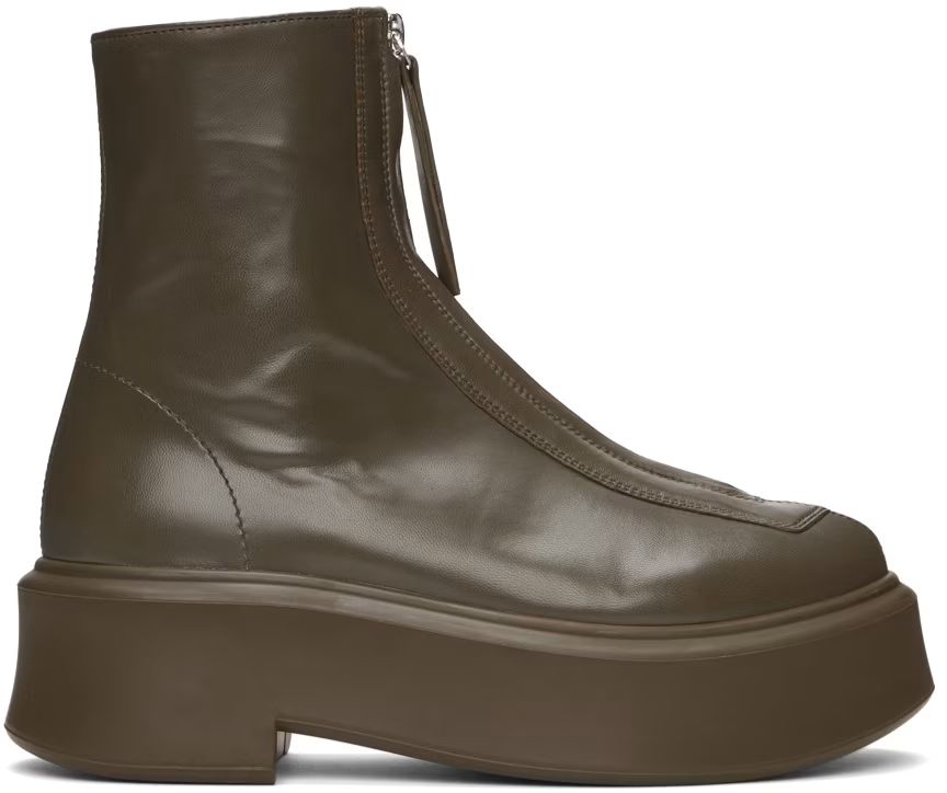 The Row - Khaki Zipped I Boots | SSENSE