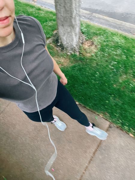 It’s always an old navy ribbed tee and these Amazon leggings for walks! I got the tee in a S for when I wear it to workout. Everyday wear a M. Leggings are a small. 