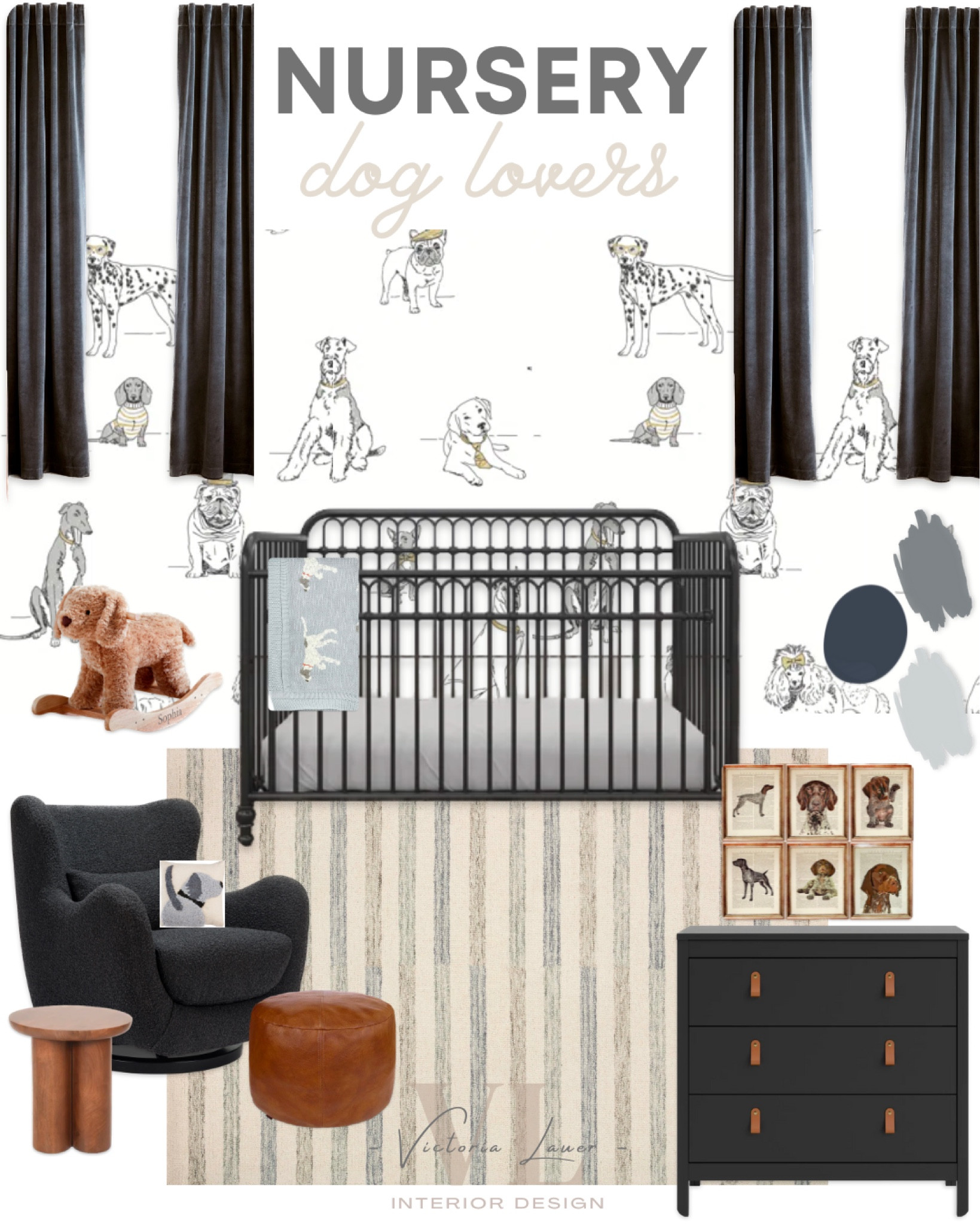 Nursery design. Dog themed nursery. Dog lovers. Dark blue nursery. Black nursery. Leather. Dog photos. Wallpaper 

#LTKbaby #LTKhome #LTKstyletip