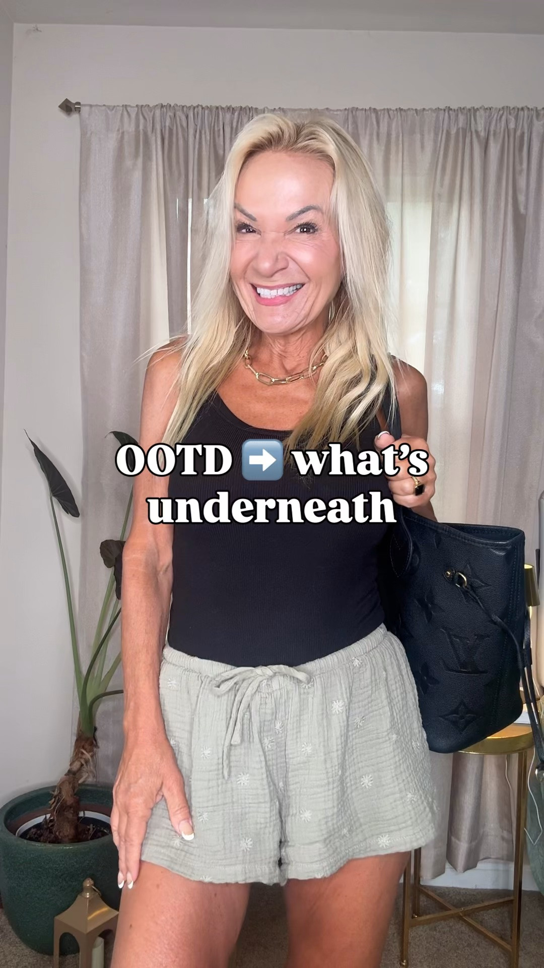 Love this casual late summer look! 

The shorts are a great transitional color, and the ribbed tank, t shirt bra and cotton thongs are every day basics for me. 

I’m loving my gold jewelry from Amazon- still can’t believe it took me so long to wear gold 😂

And LOVE my Neverfull- most useful bag I’ve ever had. The embossed leather is so gorgeous. 

xoxo
Elizabeth