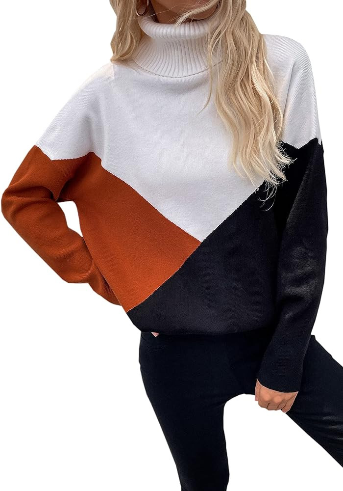 ECOWISH Women Pullover Sweater Turtleneck Plaid Long Sleeve Loose Casual Chunky Checked Knitted W... | Amazon (US)