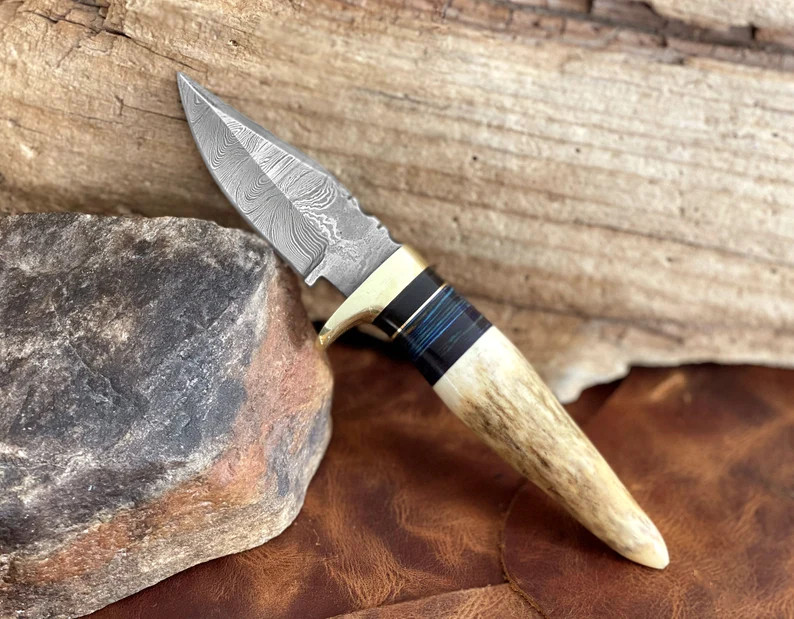 Damascus Steel Stag Antler Handle Fixed Blade Knife - Custom Damascus Pocket Knife - Anniversary ... | Etsy (US)