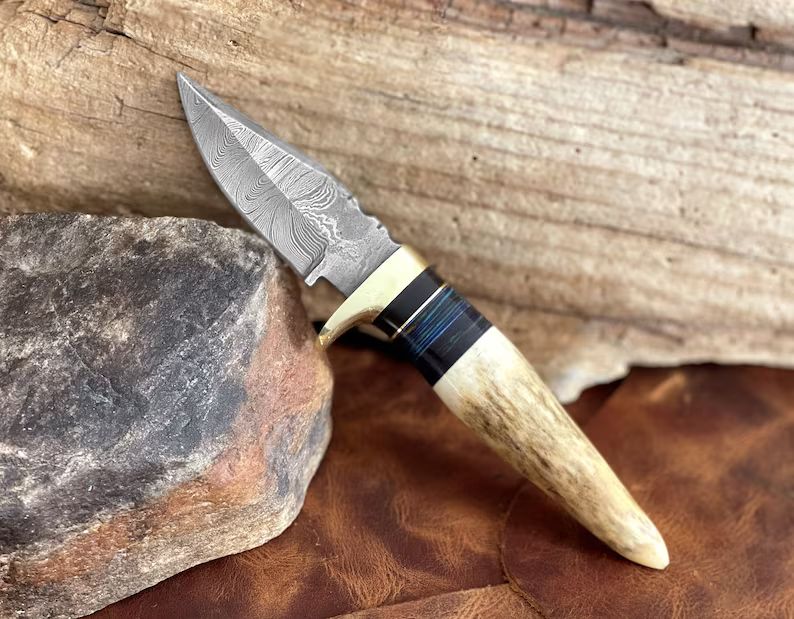 Damascus Steel Stag Antler Handle Fixed Blade Knife - Custom Damascus Pocket Knife - Anniversary ... | Etsy (US)