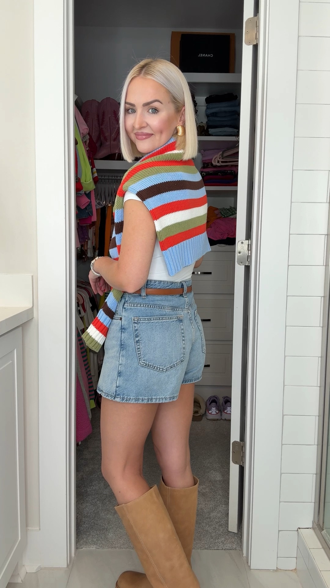 Early fall outfit ideas / early fall outfit inspo / pre fall fashion 
Denim skort (size XS, runs a tad big but keeping this size) / white bodysuit (XS, size up if between) / stripe sweater (XS, size up if between) / Riggs knee high boots / banana boots (7.5, size up half) 

#LTKStyleTip #LTKPetite