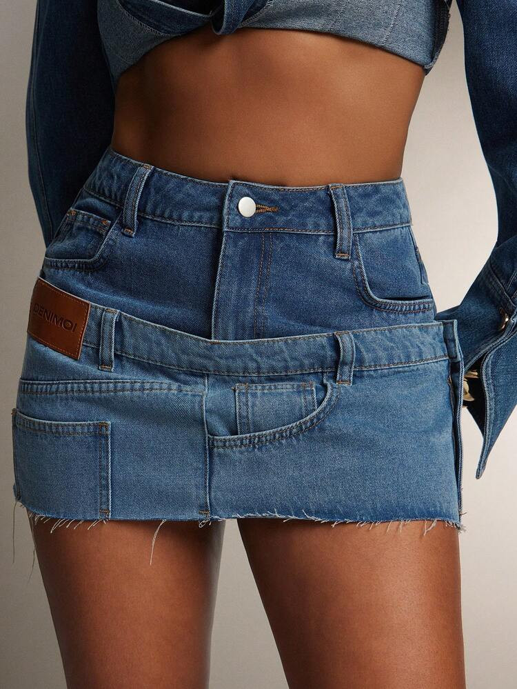Denimoi Stacked Waist Low Rise Raw Hem Denim Micro Mini Skirt | SHEIN