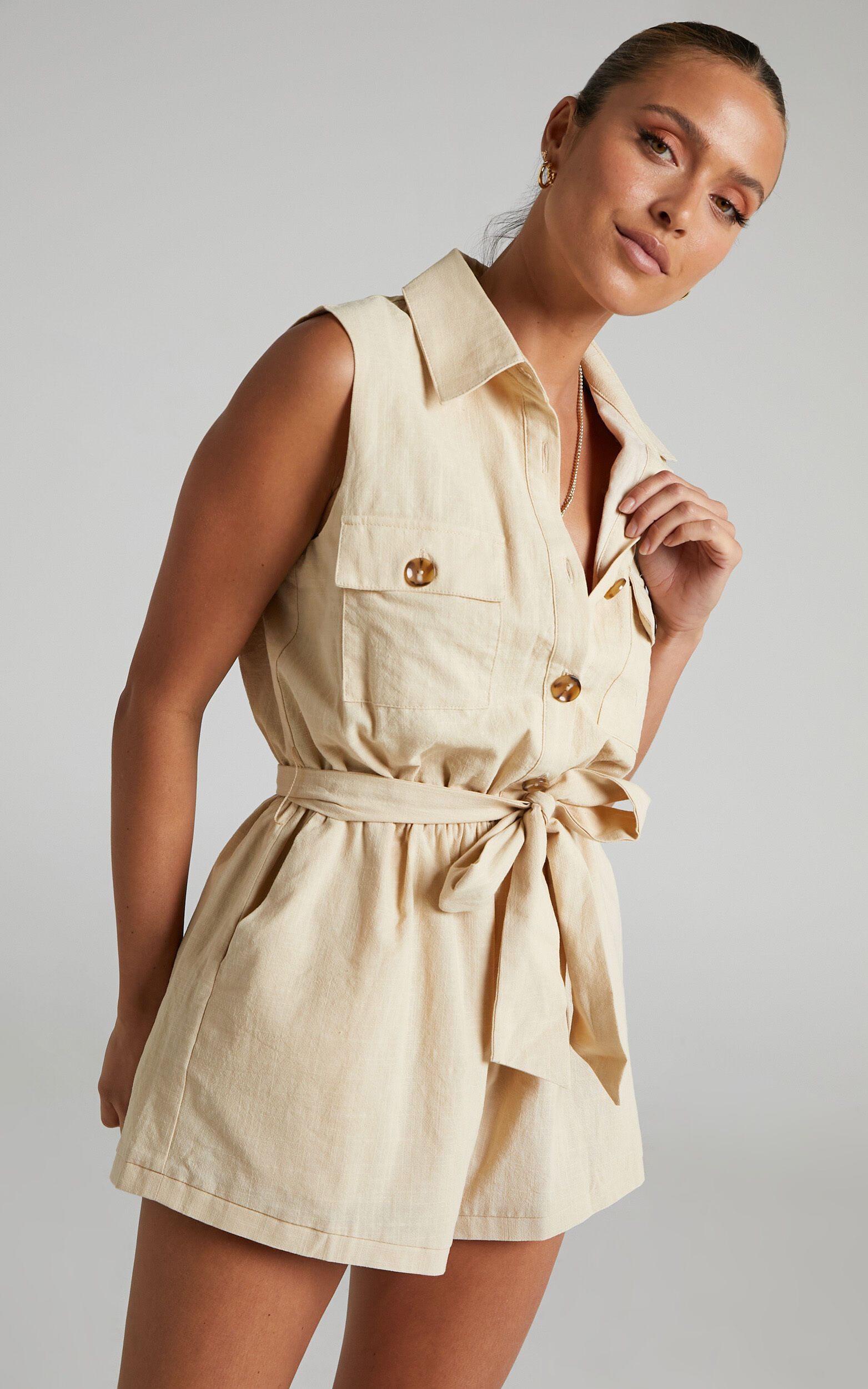 Zabel Utility Button Up Sleeveless Jumpsuit in Cotton in Sand | Showpo | Showpo - deactived
