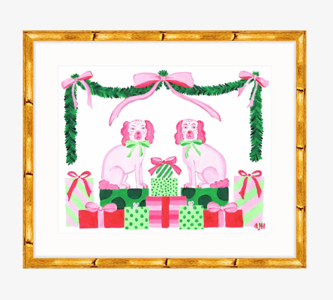 Chic Classic Holiday Art Print | Pink Staffordshire Dogs With Presents! Willa Heart Chinoiserie -... | Etsy (US)