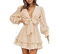 Dokotoo Womens 2024 Summer Deep V Neck Knotted Tiered Chiffon Elegant Mini Short Swing Skater Dre... | Amazon (US)