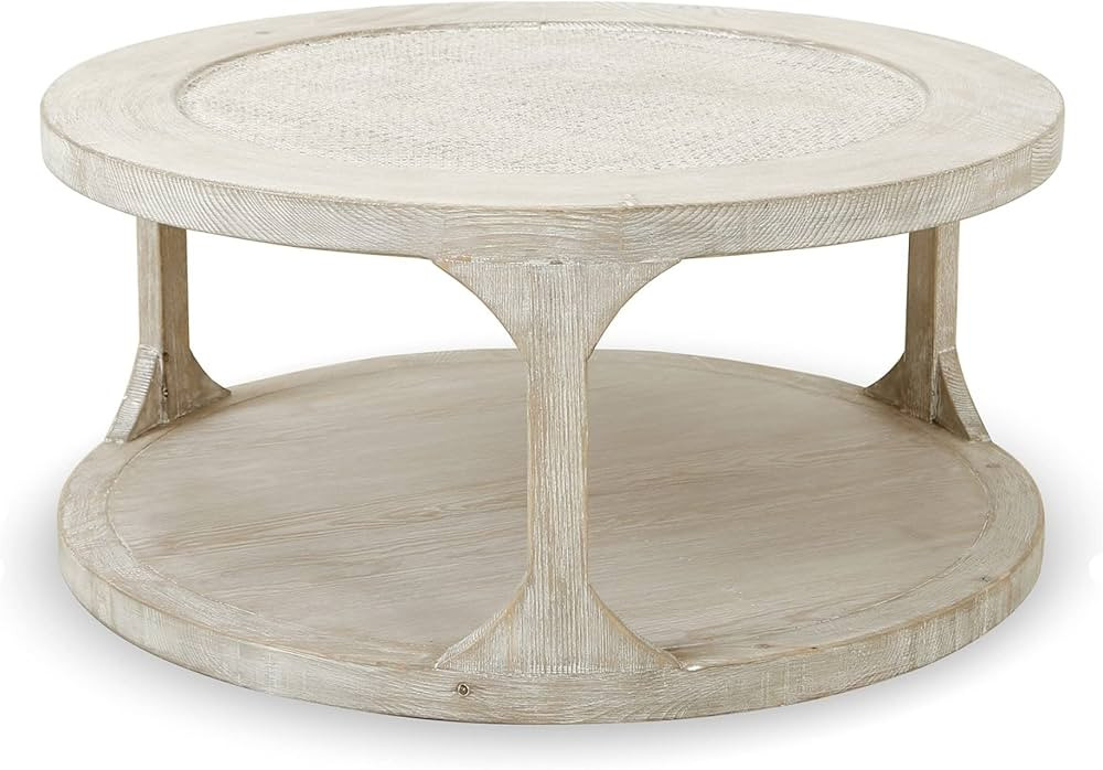 Artissance 35 in. Diameter Weathered Whitewash Wood Milo Round Rattan Top Coffee Table | Amazon (US)