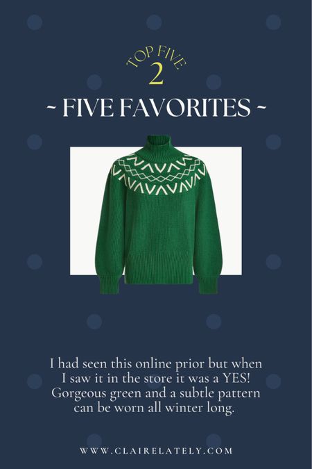 Your five favorites of the week - a beautiful green varley fair isle sweater to wear this holiday and a winter long. I’m wearing a size small. 
Love, Claire Lately 

Gift weekend casual outfit idea workwear 

#LTKHoliday #LTKSeasonal #LTKworkwear