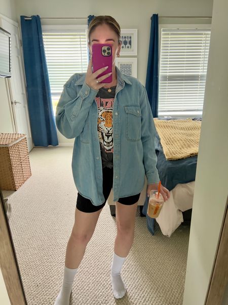 My spring outfit today! Bike shorts, Amazon graphic tee and Target button up, and hoka sneakers 
Spring outfit 
Summer outfit
Denim 
Biker shorts 

#LTKstyletip #LTKSeasonal #LTKFestival