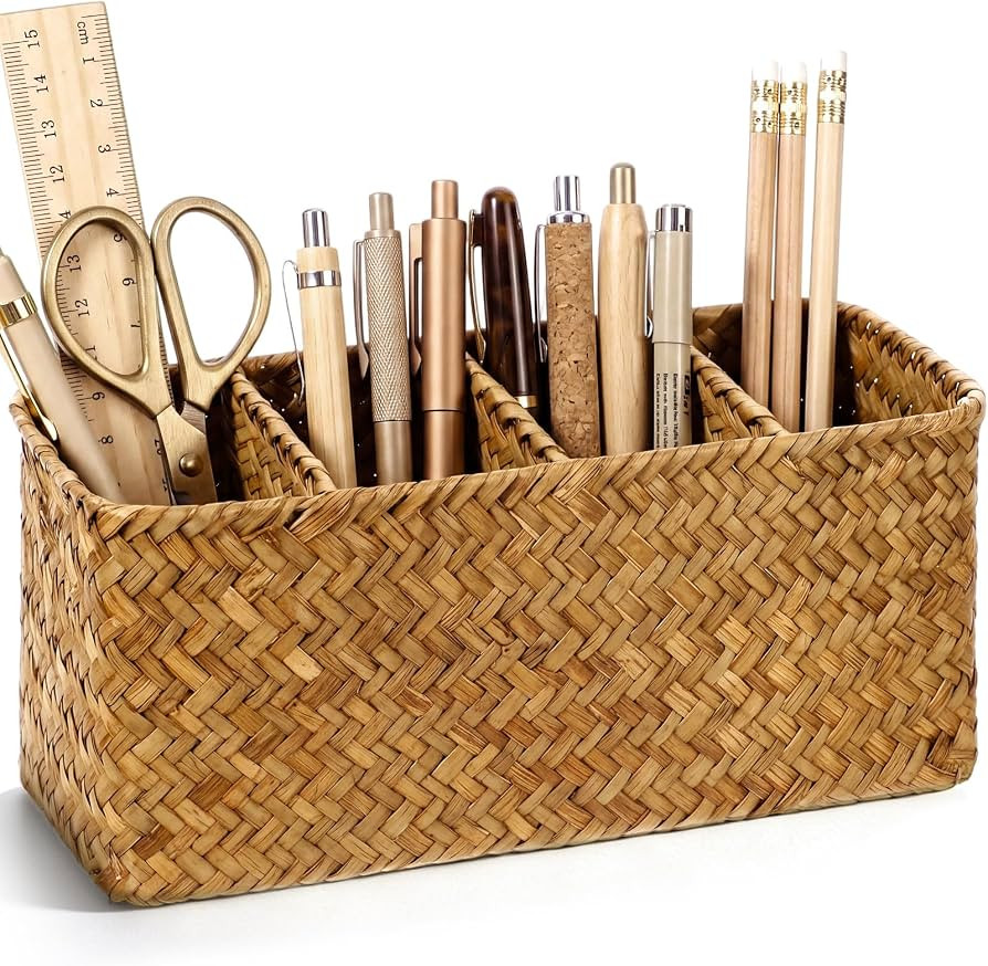 Sabary Rattan Pen Holder 4 Compartment Wicker Pencil Desk Organizer Pencil Cup Classroom Farmhous... | Amazon (US)