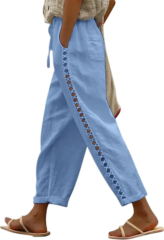 Puimentiua Women's Linen Capri Pants with Drawstring Petite Summer Beachwear Lightweight Elastic ... | Amazon (US)
