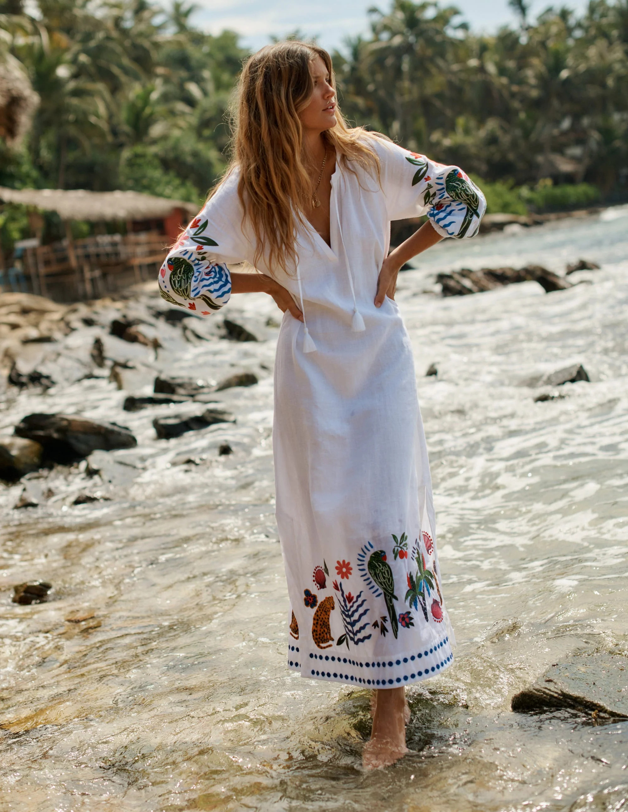 Embroidered Linen Tassel Dress-Ivory | Boden UK