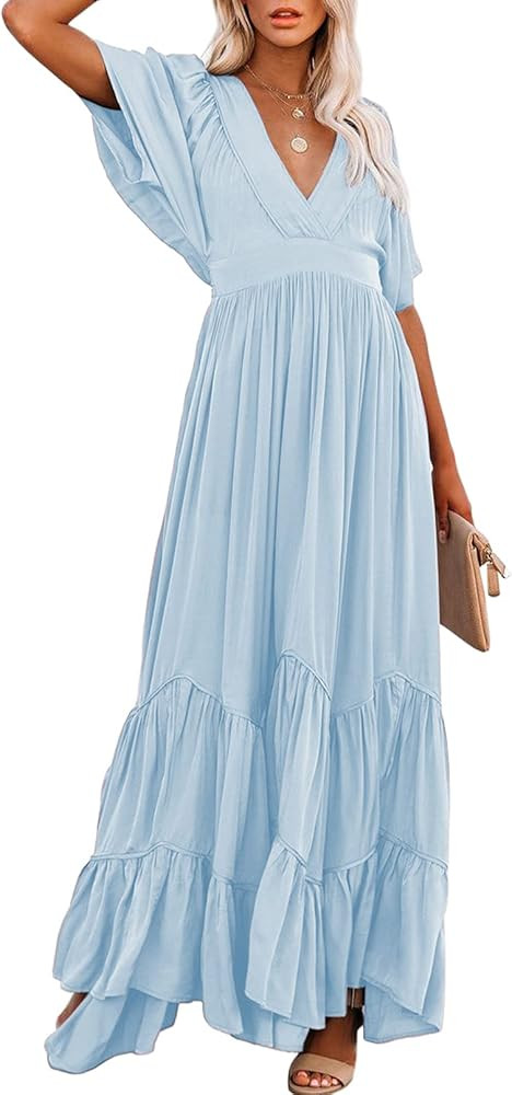 Meenew Women's V Neck Boho Wedding Dress Ruched High Waist Layered Maxi Dress | Amazon (US)