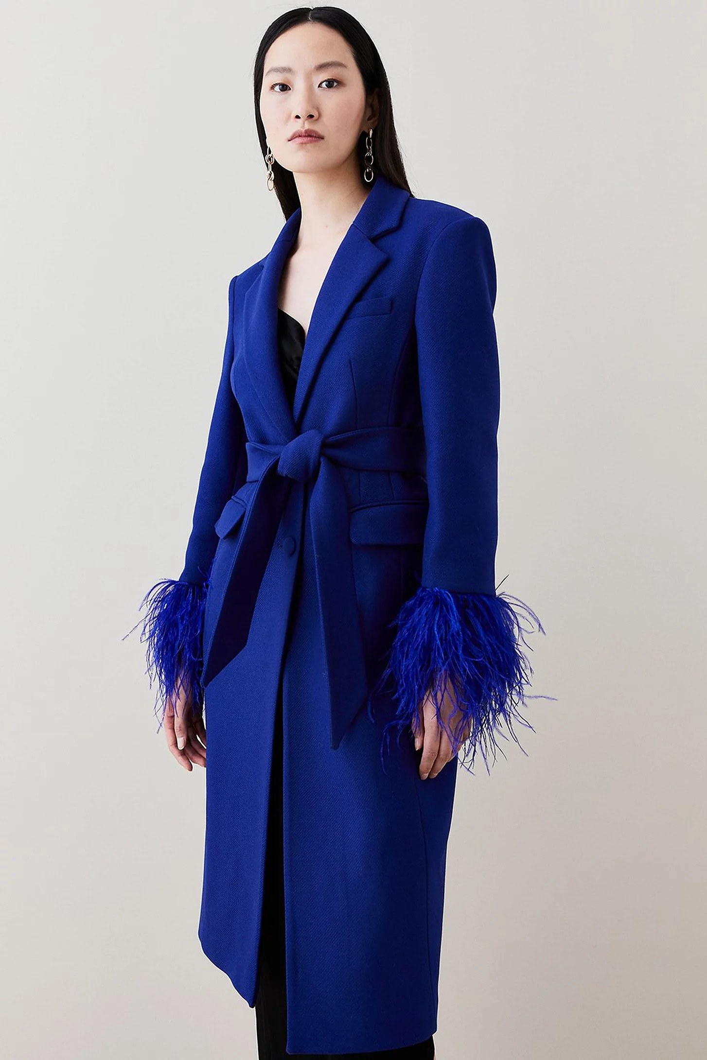 Italian Virgin Wool Feather Cuff Tailored Coat | Karen Millen US