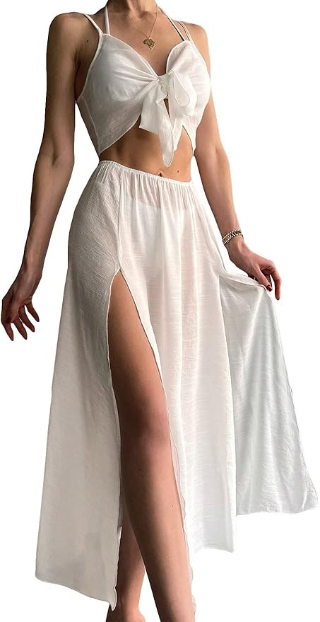 SHENHE Women's 2 Piece Cover Up Set Sheer Crop Cami Top and High Slit Skirt Beach Outfits | Amazon (US)