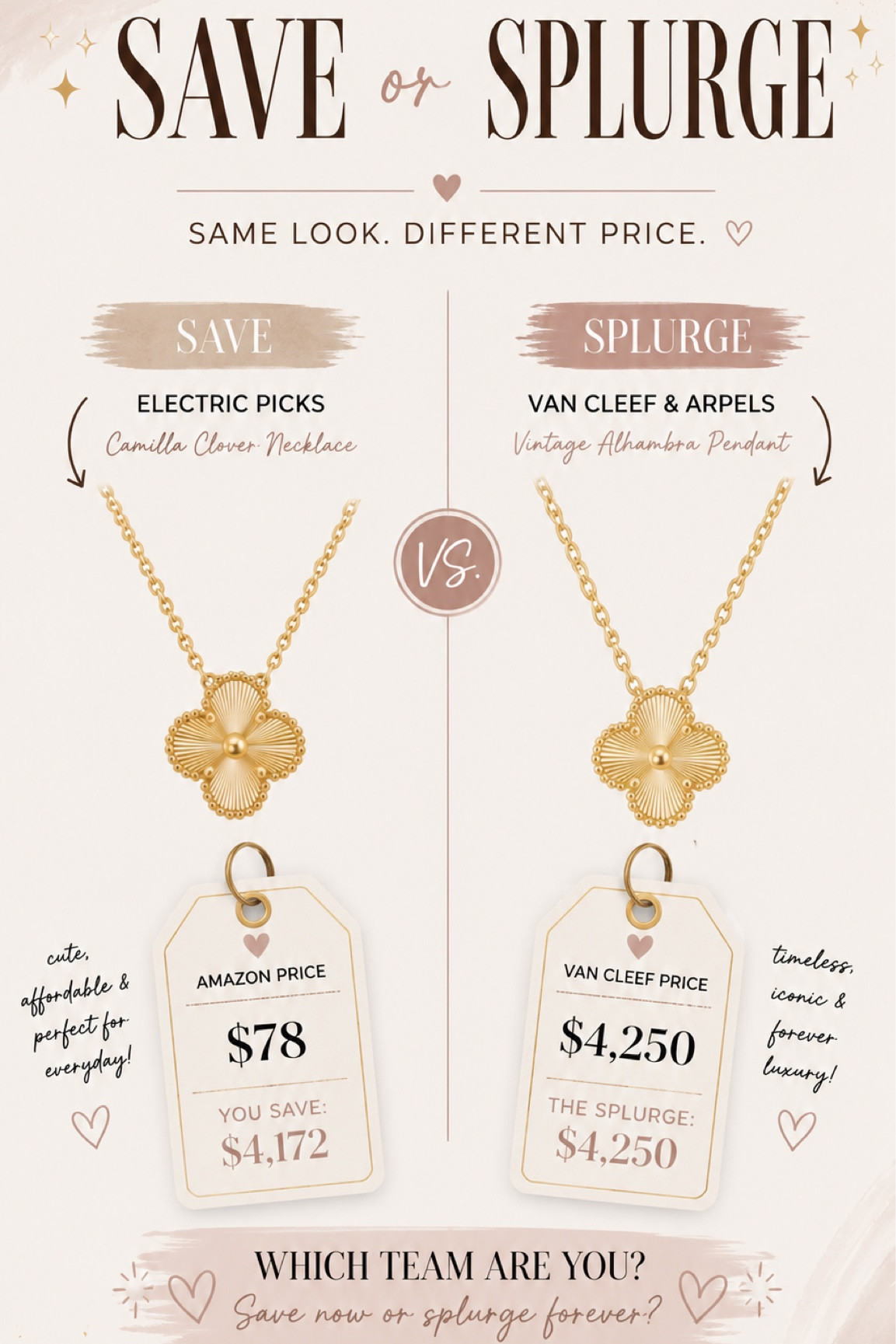 Some luxury pieces are timeless… but so are smart fashion finds 👀✨

This Van Cleef-inspired necklace gives the same elegant gold clover vibe without the $4,000+ price tag. The splurge is iconic, heirloom-worthy, and definitely a dream piece… but the save version is serving luxury aesthetic on a realistic budget. 💫

Honestly? Both are stunning.
The real question is… are you team save or team splurge? 🤎👇

#saveorsplurge #vancleef #vancleefinspired #luxuryjewelry #amazonfinds #designerinspired #goldjewelry #necklacelayering #jewelrylover #quietluxury #oldmoneystyle #fashionfinds #luxurystyle #affordableluxury #everydayjewelry #jewelrydupe #styleinspo #fashionreels #luxuryfashion #amazonfashion

#LTKSaleAlert #LTKBeauty #LTKootd