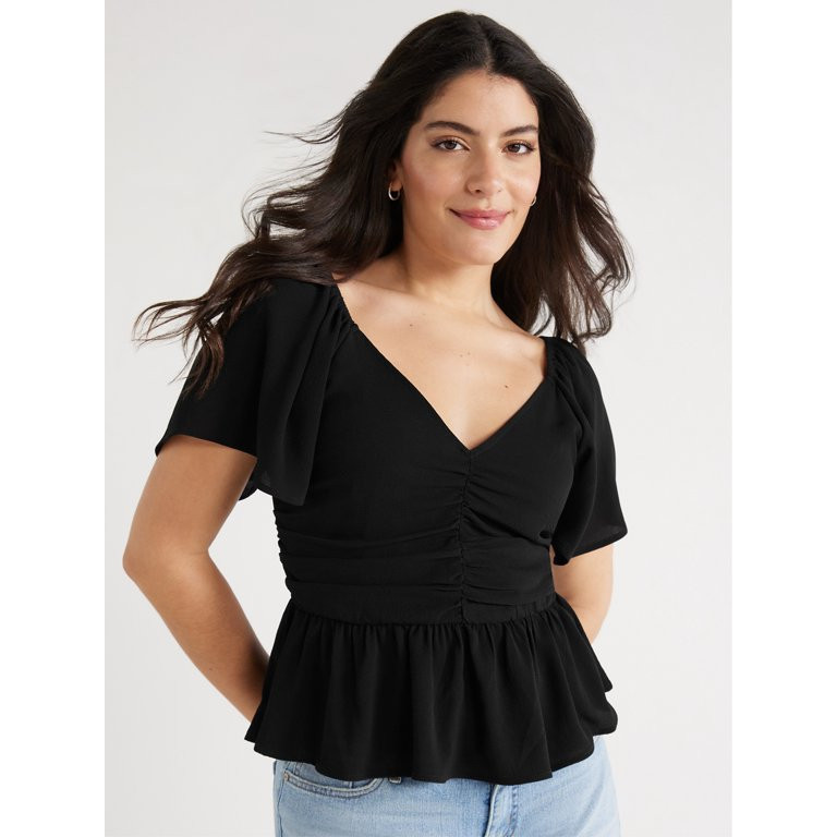 Sofia Jeans Women's V-Neck Top with Flutter Sleeves, Sizes XS-XXXL | Walmart (US)