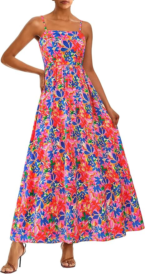 PRETTYGARDEN Women Summer Maxi Dresses 2025 Spaghetti Strap Boho Floral Striped Wedding Guest Bea... | Amazon (US)