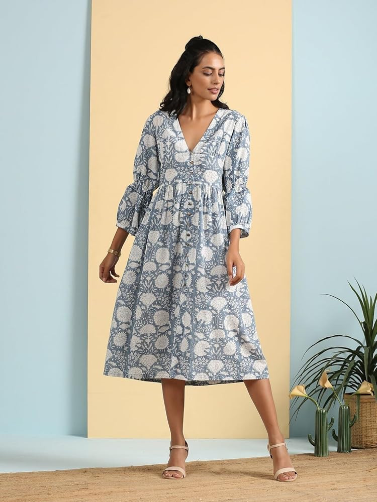 Deep V Neck HandBlock Print Cotton Floral Dress Women Summer Midi Dress | Amazon (US)