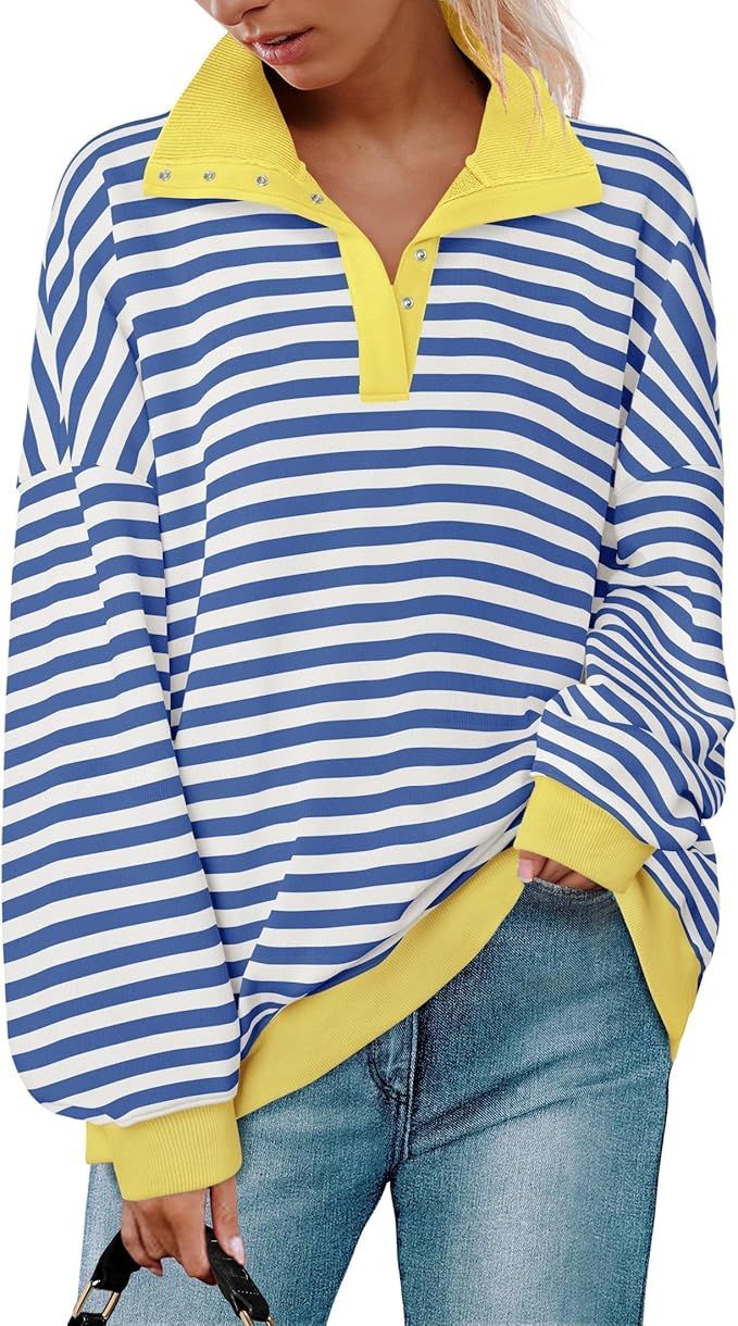 ZESICA Sweatshirts for Womens Long Sleeve Lapel V Neck Striped Oversized Tops | Amazon (US)