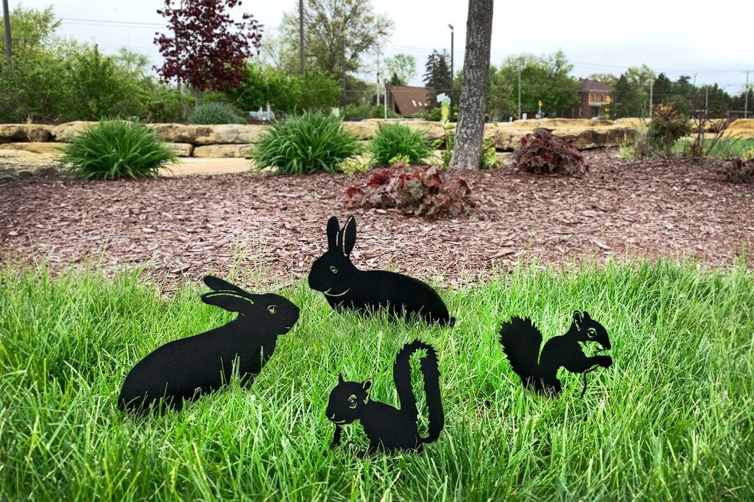 Rabbit and Squirrel Set of 4 Yard Stakes - Metal Home Decor - Metal Yard Art - Fantasy - Laser Cu... | Etsy (US)