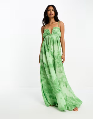 ASOS DESIGN plunge neck strappy maxi dress with ruched bust in marble print | ASOS (Global)