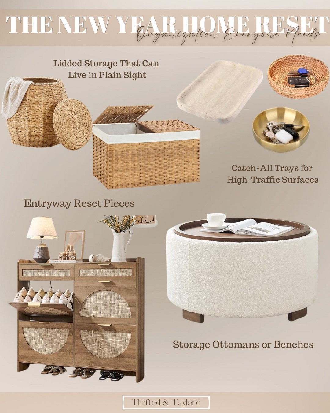 After the holidays, I always crave a home that feels calm, clear, and easy to live in—not perfectly organized, just thoughtfully reset. These are the storage and organization pieces I reach for when things feel cluttered but I still want my home to look warm and styled.
From lidded storage that hides the mess to catch-all trays for high-traffic surfaces, entryway pieces that actually work, and storage ottomans that do double duty, every item here is meant to live in plain sight. Nothing feels utilitarian or out of place—just simple, beautiful pieces that help your home feel pulled together again.
You can shop all of the pieces from this New Year home reset below.

#LTKHome