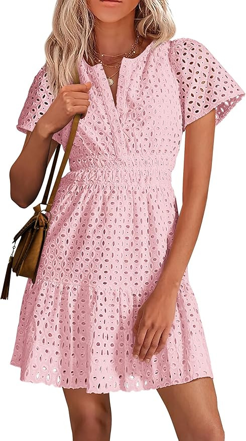 PRETTYGARDEN Womens 2025 Summer Short Dress V Neck Short Sleeve A Line Hollow Out Lace Ruffle Cut... | Amazon (US)
