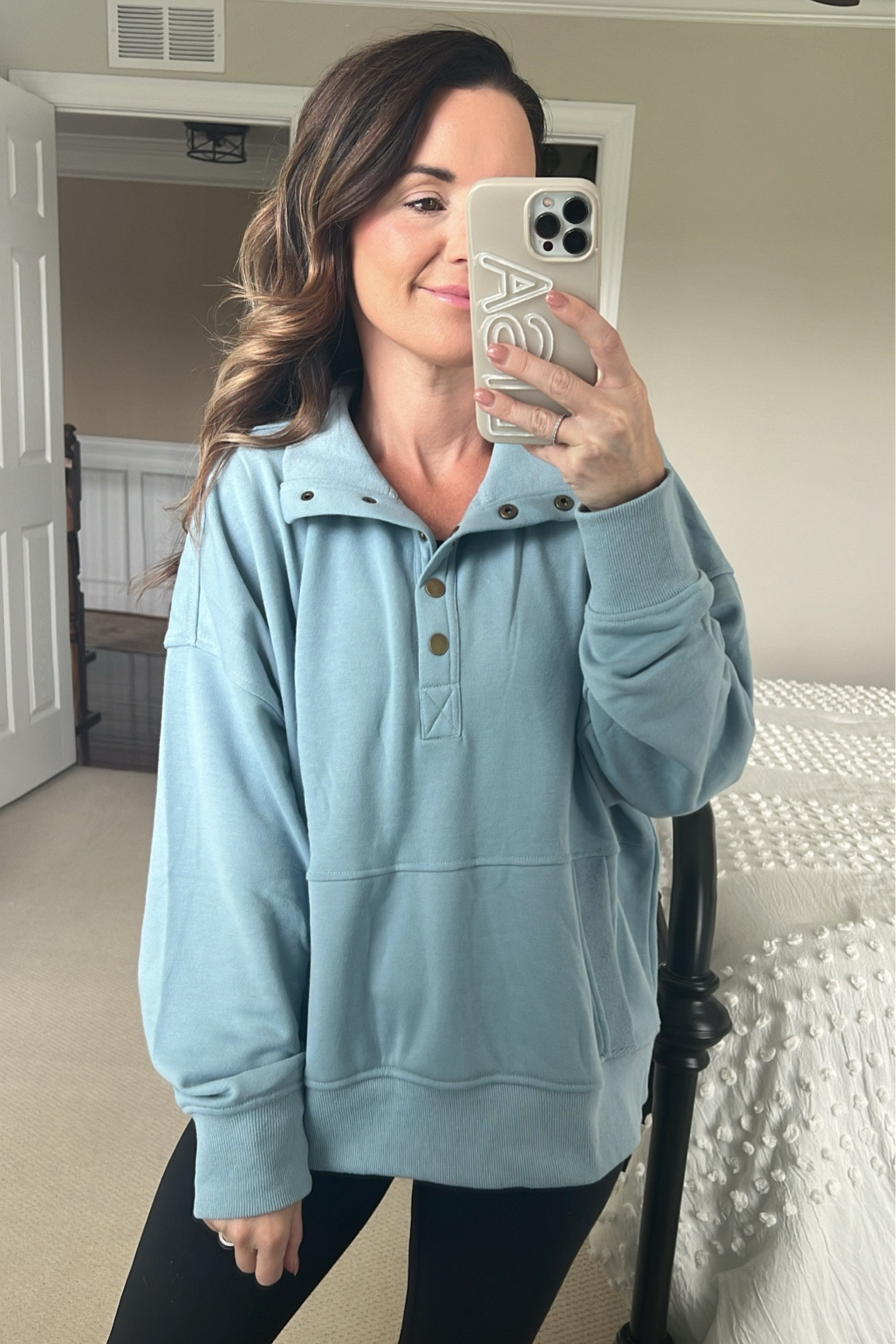 Amazon sweatshirt pullover with button snaps and a pocket 
Sized up one to a medium
Legging friendly 
This color is really pretty 

#LTKStyleTip #LTKTravel #LTKFindsUnder50