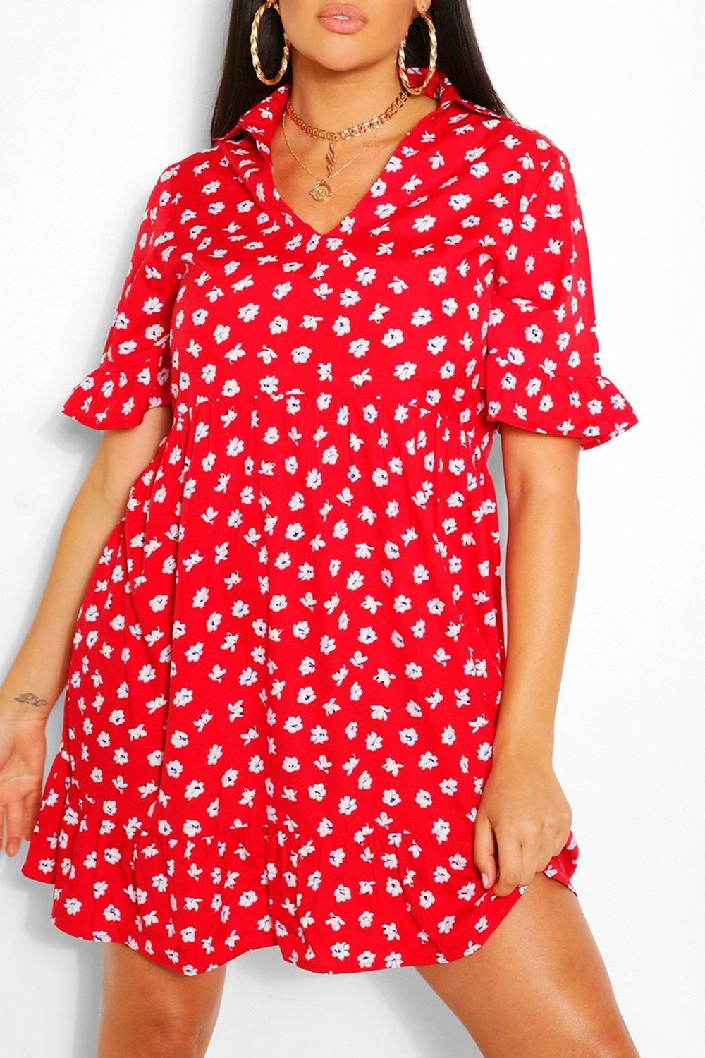 Womens Plus Floral Ruffle Smock Dress - Red - 18 | Boohoo.com (US & CA)