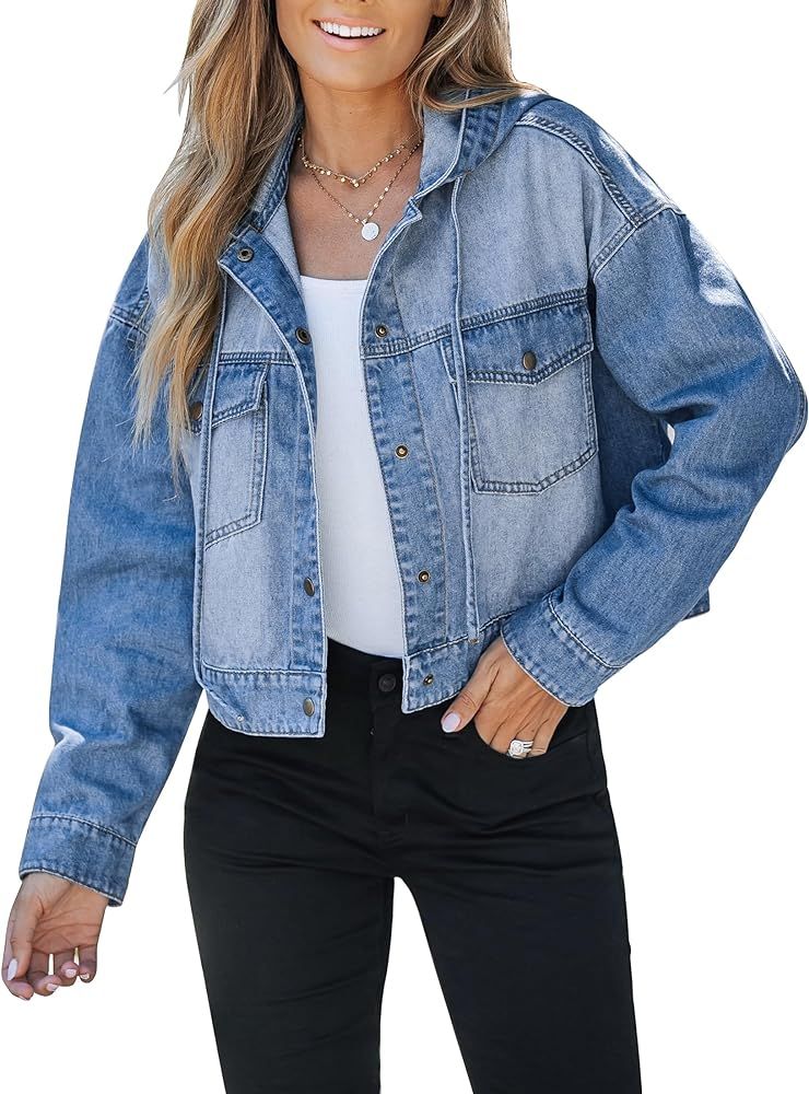 luvamia Denim Jacket for Women Hooded Lightweight Cropped Jean Jacket Oversized Button Down Shack... | Amazon (US)