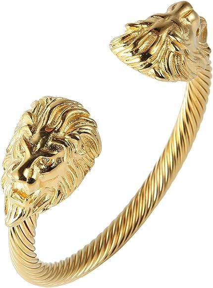 Mens Lion CZ Eyes Bracelet Cable Wire Bangle Stainless Steel Gold Plated Biker Punk | Amazon (US)