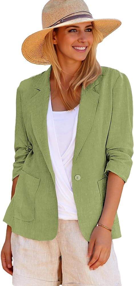 Mina Self 2024 Summer Linen Blazer Women 3/4 Stretchy Ruched Sleeve Fully Lined Lightweight Breat... | Amazon (US)