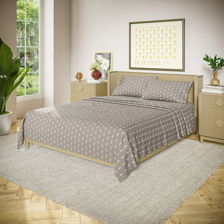 Beautiful Signature Floral 4-Piece 100% Cotton Percale Fawn Sheet Set, King by Drew Barrymore - W... | Walmart (US)