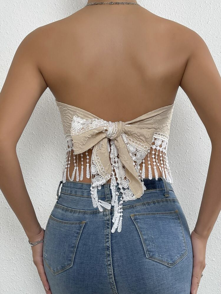 Jacquard Guipure Lace Fringe Hem Tie Back Crop Tube Top | SHEIN