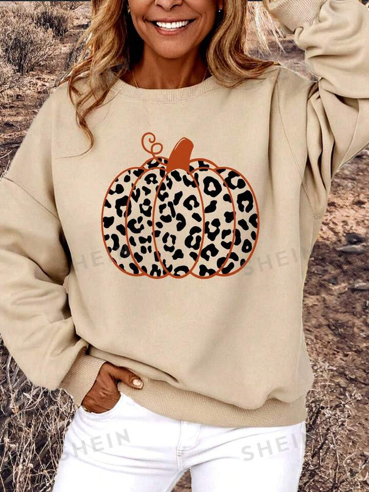 SHEIN LUNE Simple Casual Pumpkin & Leopard Printed Long Sleeve Oversized Crew Neck Thick Women Fa... | SHEIN