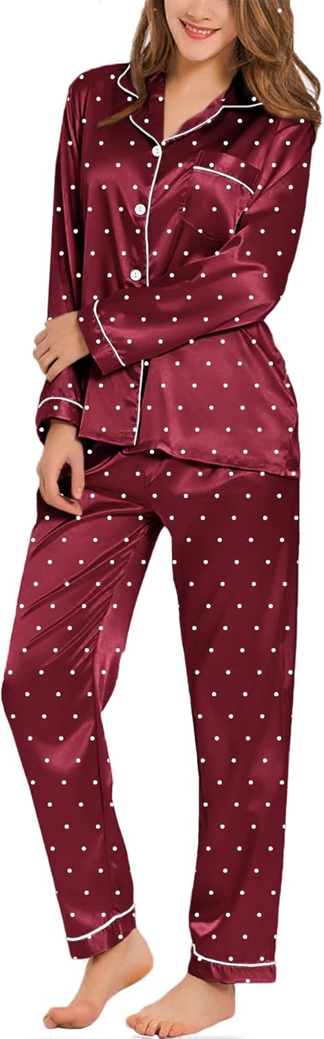 SWOMOG Womens Silk Satin Pajamas Loungewear Two-piece Sleepwear Button-Down Pj Set | Amazon (US)
