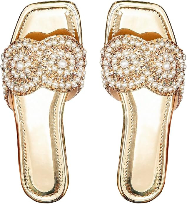 GORGLITTER Women's Gold Sparkly Flat Sandals Dressy Rhinestone Boho Cute Wedding Square Open Toe ... | Amazon (US)