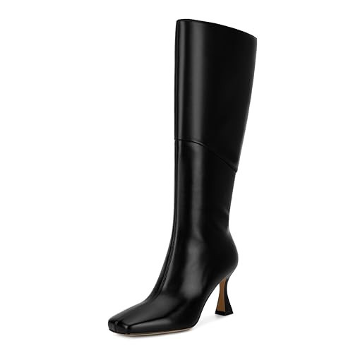 DOEYG Black Knee High Boots for Women Leather Tall Heeled Boots Square Toe Stretch Hourglass Heels Boots Dressy Sexy Fashion Long Boots Side Zipper Size 10 | Amazon (US)