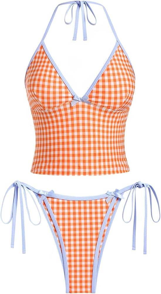 ZAFUL Women's Halter Tankini Swimsuits V Neck Tummy Control Tie Side Thong Bikini Swimsuits 2 Pie... | Amazon (US)