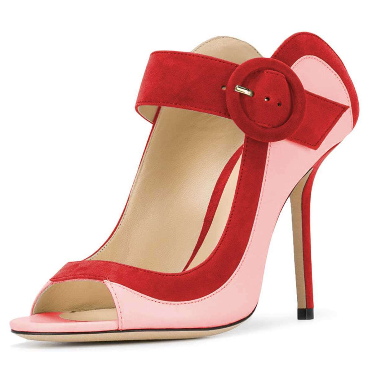 Pink and Red Vegan Suede Buckle Peep Toe Heels Pumps | FSJshoes
