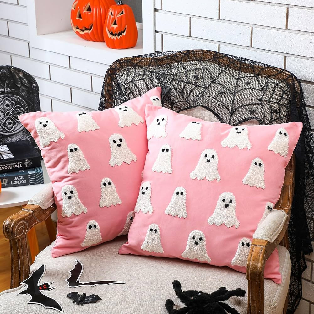 Mixweer 2 Pcs Pink Halloween Ghost Pillow Covers Decorations 18 x 18 Inch Ghost Throw Pillow Cove... | Amazon (US)