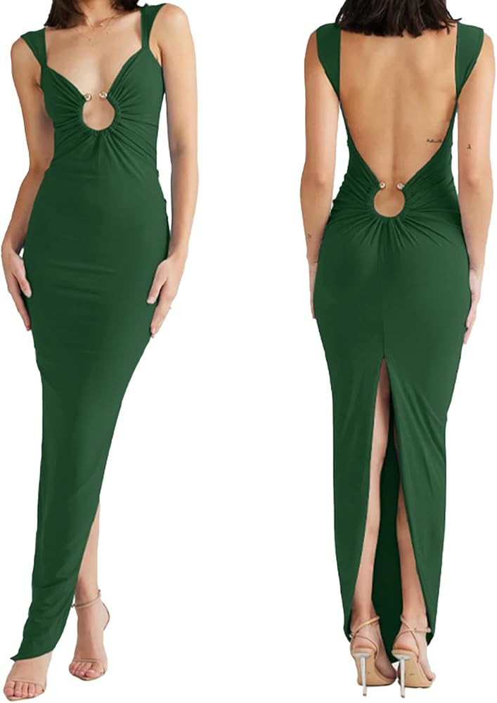Women Sexy Backless Dress V Neck Sleeveless Open Back Split Maxi Dress Party Cocktail | Amazon (US)